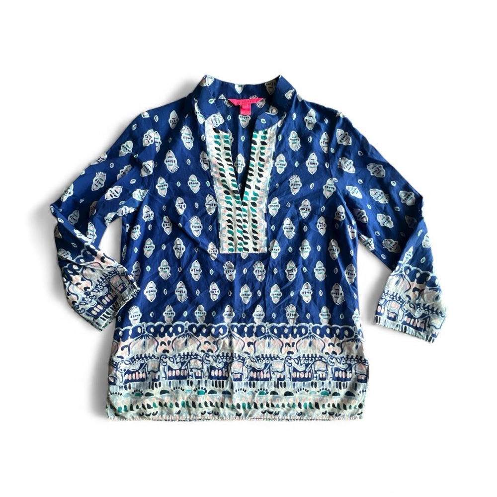 Lilly Pulitzer Asani silk & cotton blend blue pink elephant pattern Blouse Sz XS